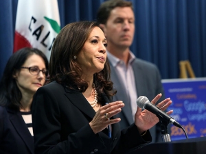 California Attorney General Kamela Harris talks during a news conference in Los Angeles on Wednesday, Oct. 14, 2015. Harris has teamed with leaders in the tech industry and law enforcement to combat so-called cyber exploitation, the illegal practice of anonymously posting explicit photographs of others online, often to extort money from the victims. Harris announced Wednesday the early results of a working group formed to address what she calls one of the newest threats to public safety. (AP Photo/Richard Vogel)